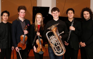 ABC Symphony Australia Young Perfomers Award grand finalists, Hoang Pham at far left, Andrew Kawai second from right and Stefan Cassomenos, far right.
