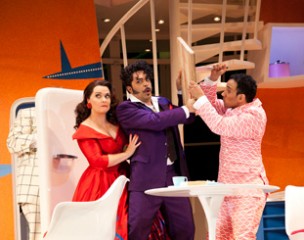 Emma Matthews as Fiorilla, Paulo Bordogna as Selim and Luciano Botelho as Narciso. Image Lisa Tomasetti, courtesy Opera Australia.