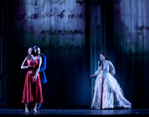 Emily Ranford as Young Tatyana, Sam Colbey as Young Onegin & Nicole Car as Tatyana.