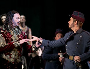 Teddy Tahu Rhodes (Mephistopheles) and Giorgio Caoduro (Valentin) in Opera Australia's Faust.   Photo credit Lisa Tomasetti. 