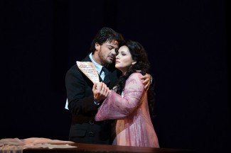 Vittorio Grigolo in the title role and Hibla Gerzmava as Antonia in Offenbach's "Les Contes d’Hoffmann."  Photo: Marty Sohl/Metropolitan Opera