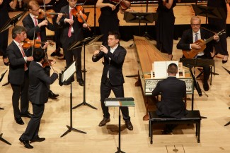 Maurice Steger with the Australian Brandenburg Orchestra and Paul Dyer at the harpsichord perform at the opening night of Recorder Revolutionary in Sydney at the City Recital Hall. Photo credit Steven Godbee.