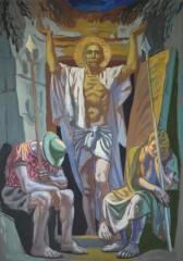 Jesus is resurrected by Hans Feibusch 1968. The painting hangs in the church.