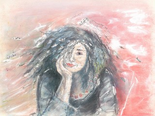 Mixed-media portrait of Elena Kats-Chernin by violinist and illustrator Lisa Stewart. The collage includes Elena's original manuscript music ripped up to create her hair. Image supplied.