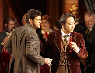 John Longmuir as Gastone and Ho-Yoon Chung as Alfredo Germont in Opera Australia's production of La Traviata. Photo credit: Keith Saunders